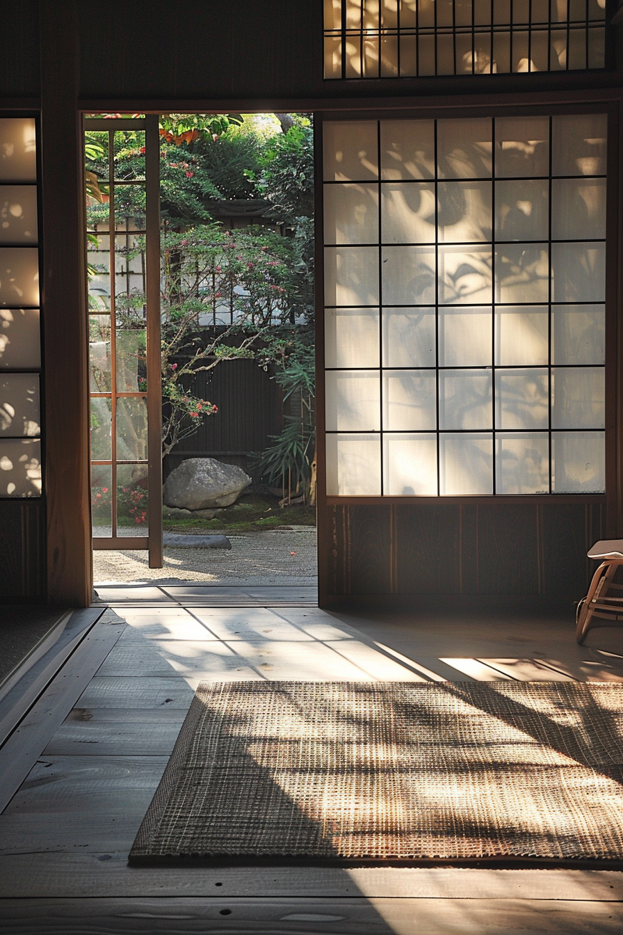 Traditional Japanese room with sliding doors open to a garden; sunlight casting shadows on tatami floors and shoji screens.