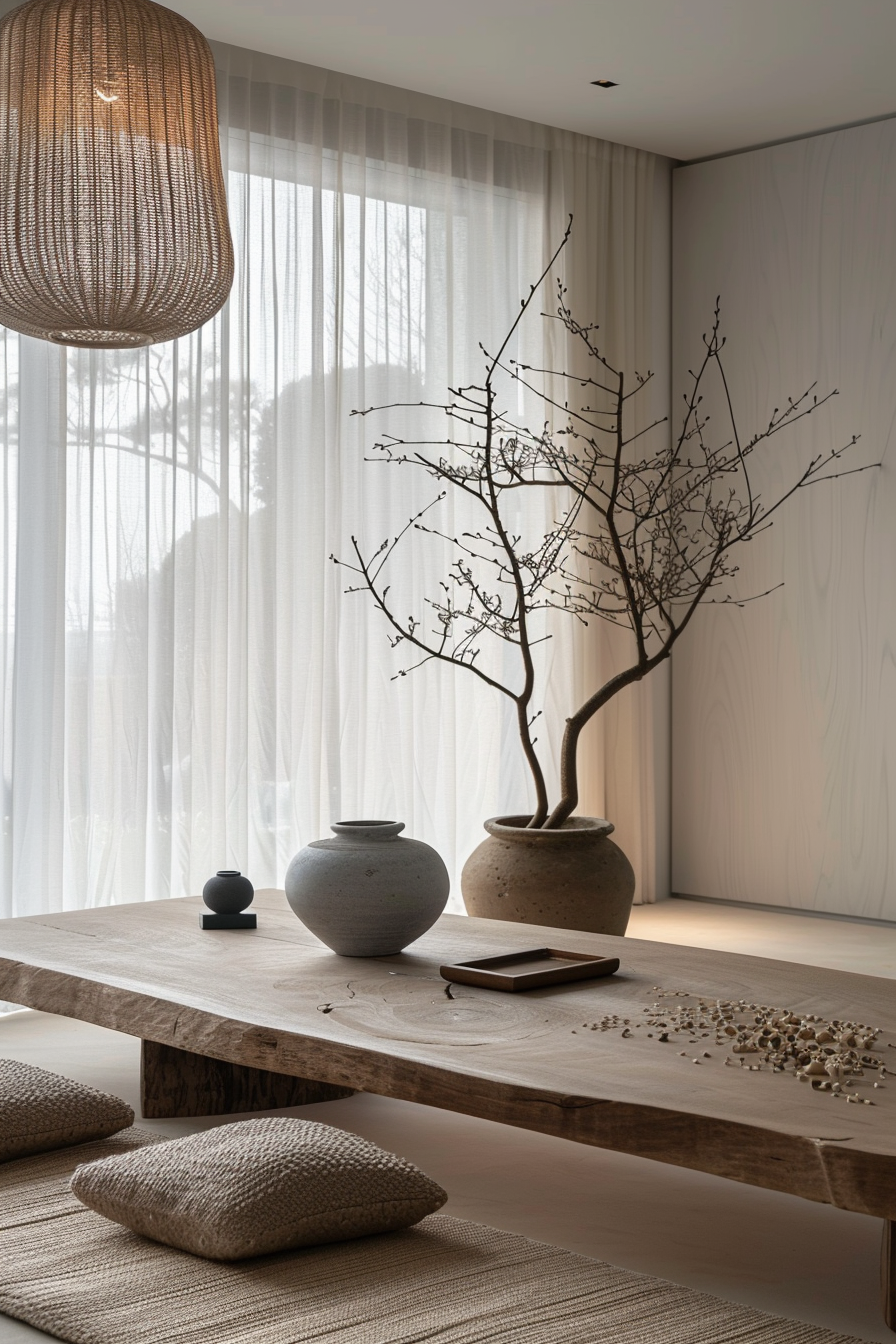 Alt text: Minimalist interior with a wooden table, ceramic vases, a bare tree branch, floor cushions, and a woven hanging light, near sheer curtains.