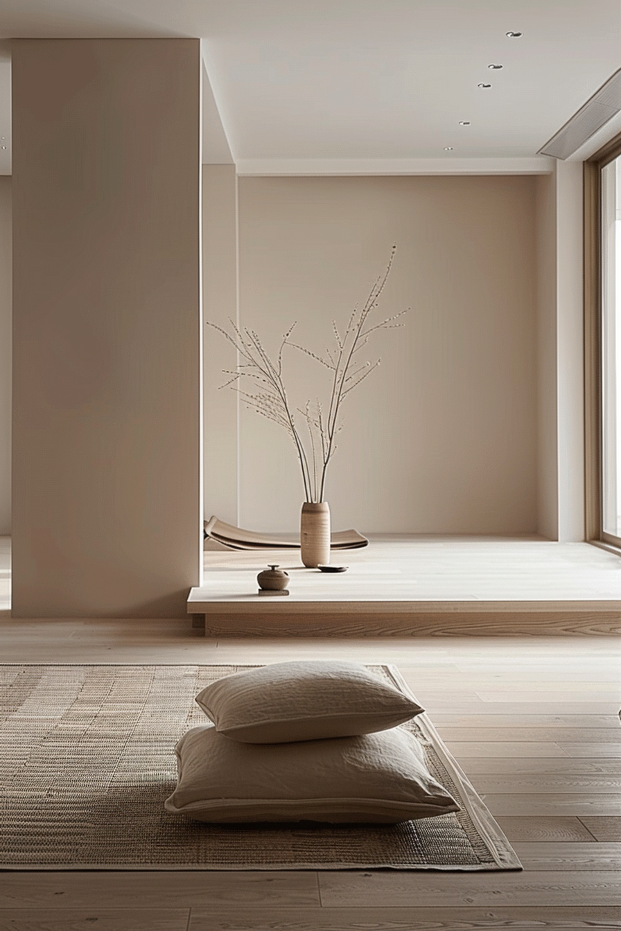 ALT: A serene and minimalistic room with a raised platform, a vase with branches, a low bench, and two cushions on a textured rug.