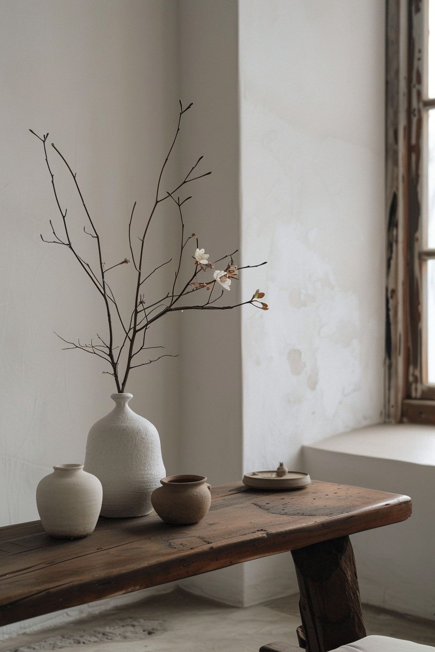 ALT: A rustic wooden table with a white vase holding bare branches, accompanied by three simple ceramic pots in a serene room.