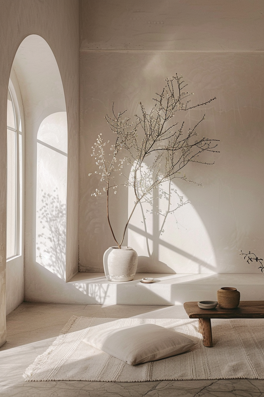 A serene room with soft light casting shadows from a tall branch-filled vase on a windowsill, a wooden bench, pillow, and woven rug on the floor.