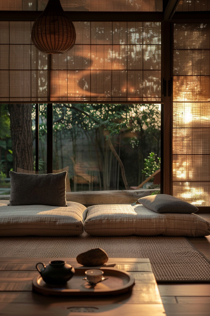 Cozy traditional Japanese room with tatami mats, floor cushions, tea set, and warm sunset light filtering through shoji screens.