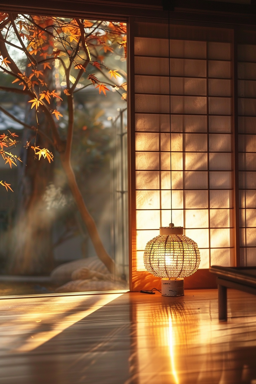 Warm sunlight filters through a traditional Japanese room with a glowing lamp and autumn leaves visible outside.