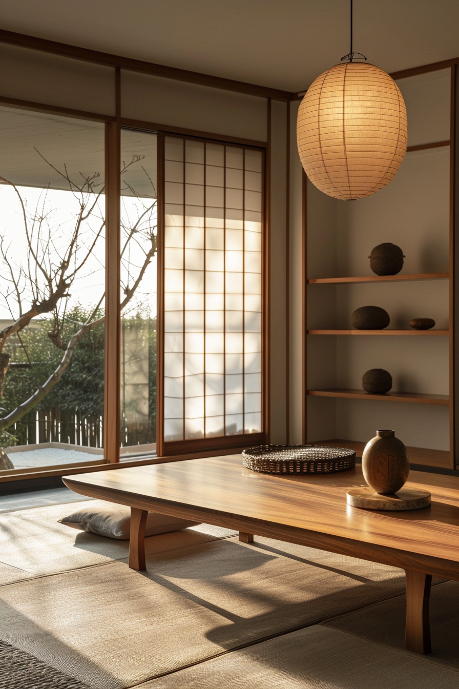 A serene Japanese-style room with tatami mats, a low wooden table, shoji screens, and a hanging paper lantern.