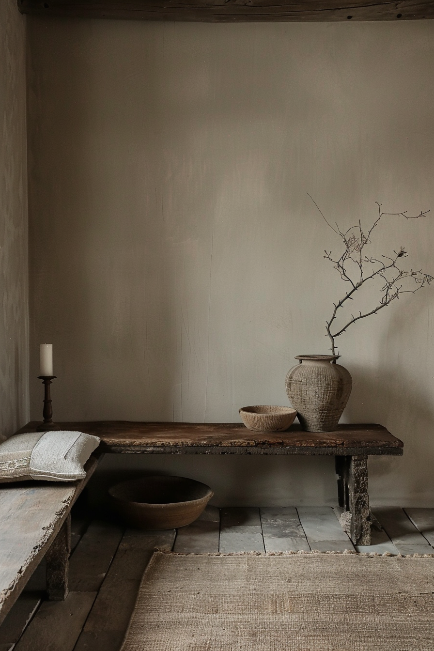 Rustic interior with an old wooden bench, ceramic vase with branches, candle, bowls, and textile on a gray stone floor.