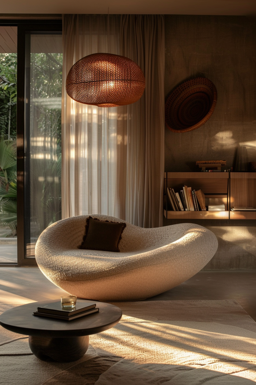 Cozy interior with modern furniture, warm lighting, and a textured armchair by a large window, emitting a tranquil atmosphere.