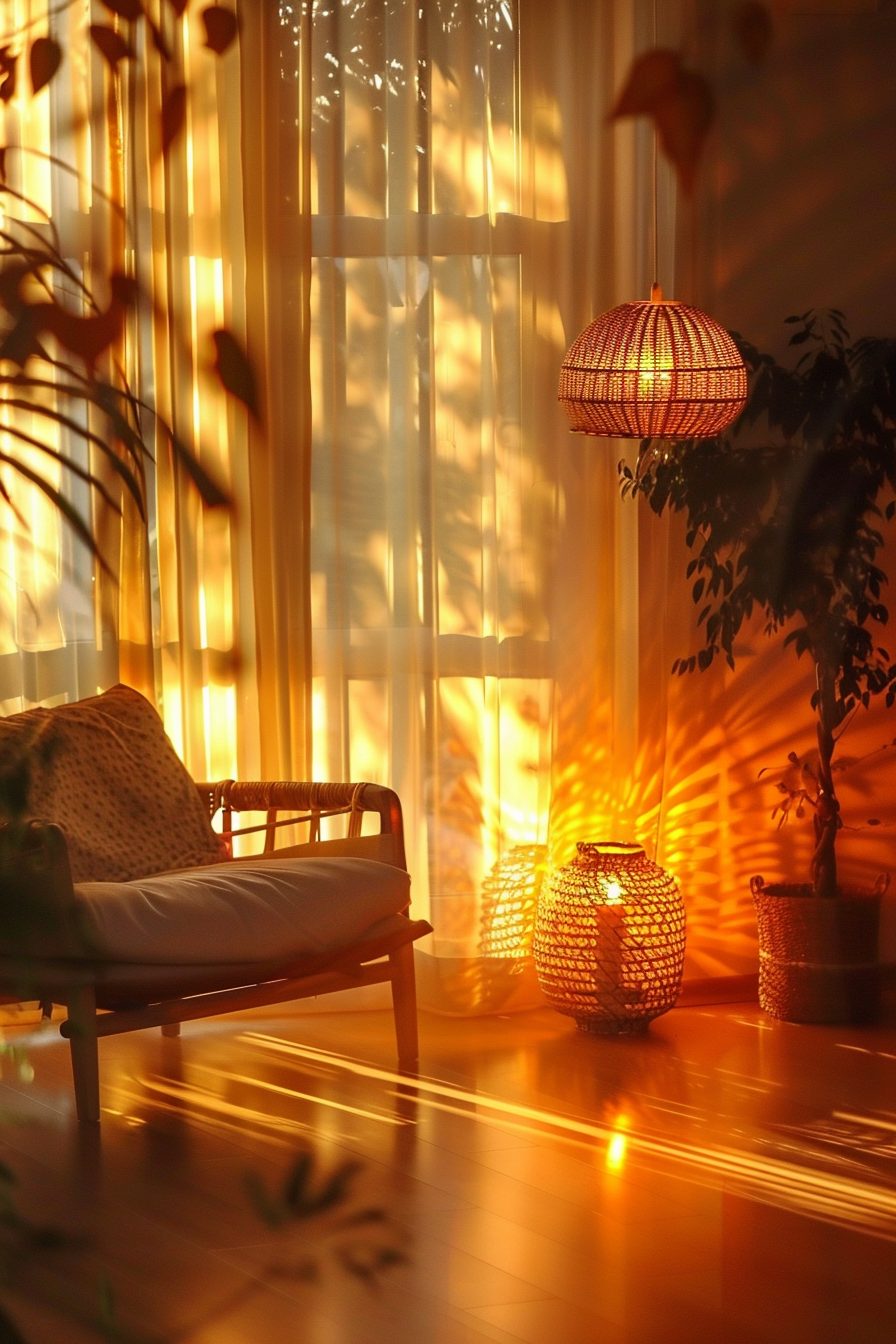 Cozy room at sunset with glowing lamps, a daybed, sheer curtains, and plants casting shadows on the floor.