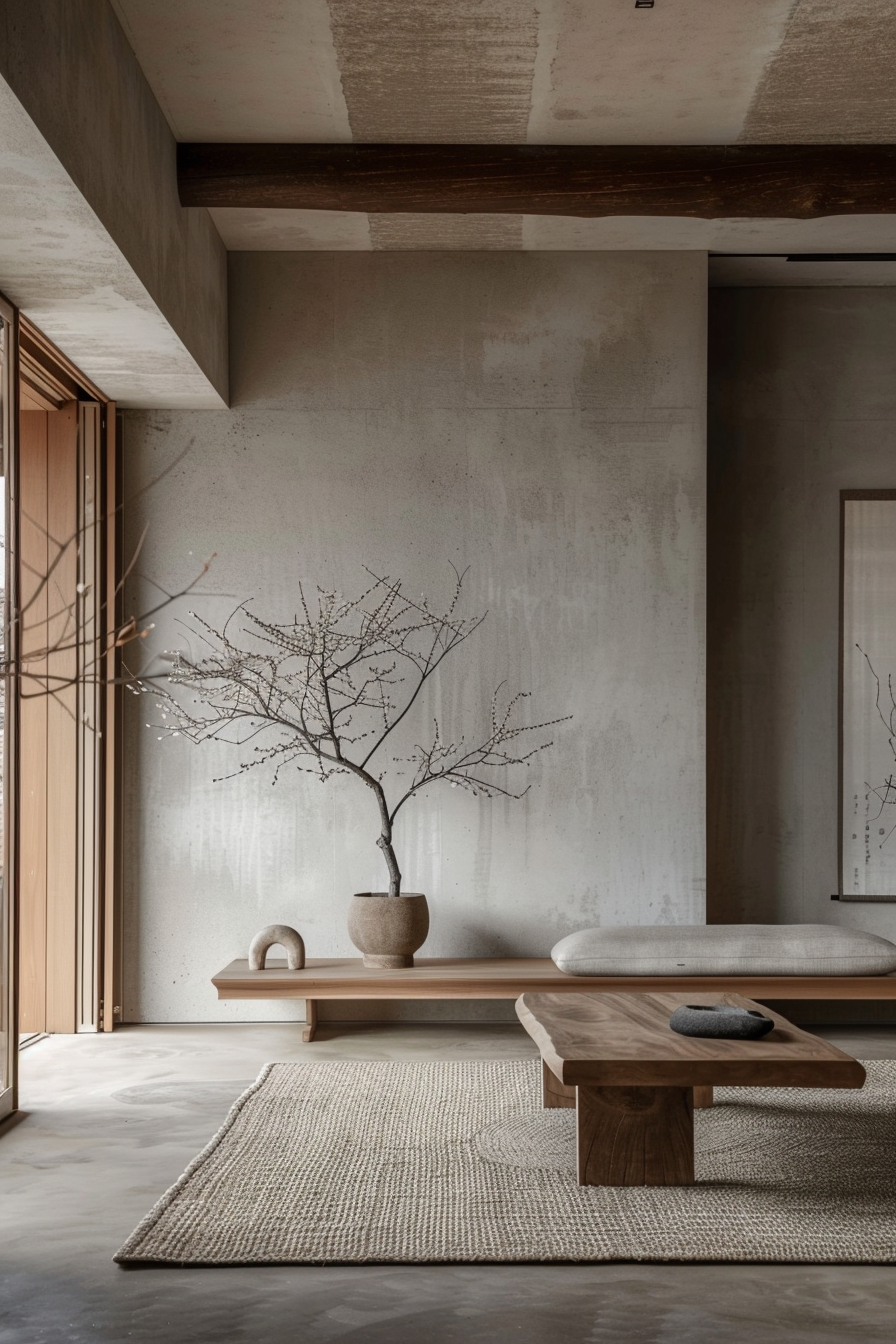 A minimalist room with a bare tree in a vase, wooden bench, table, woven rug, and concrete walls.