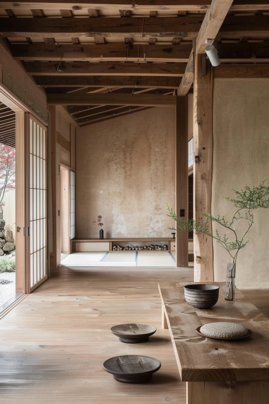 Traditional Japanese room with tatami mats, shoji doors, and minimalist wooden decor, highlighting serenity and simplicity.