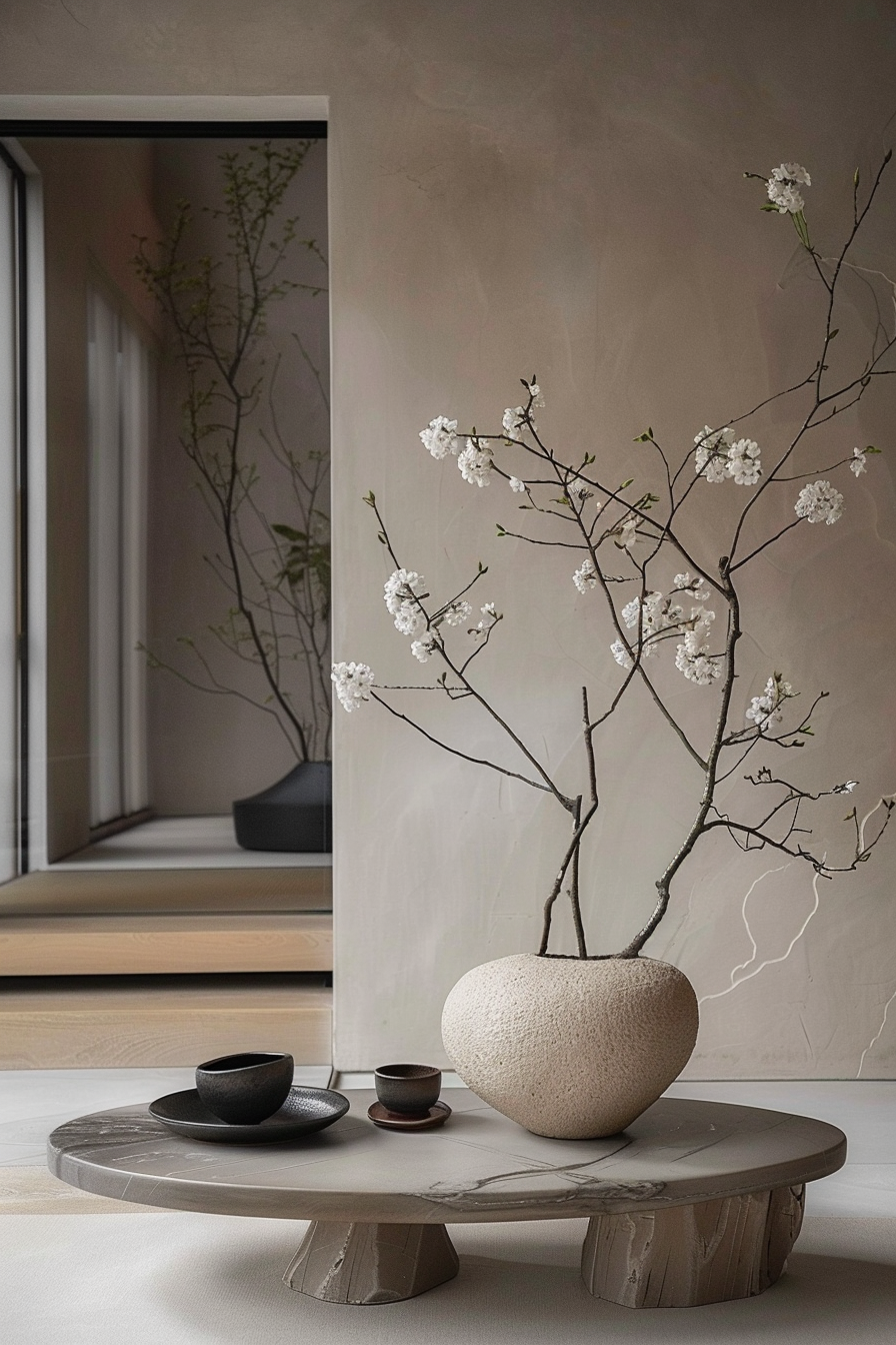 ALT: A serene interior with a textured beige wall, featuring a round table with a flower arrangement in a textured vase and minimalist tea bowls.