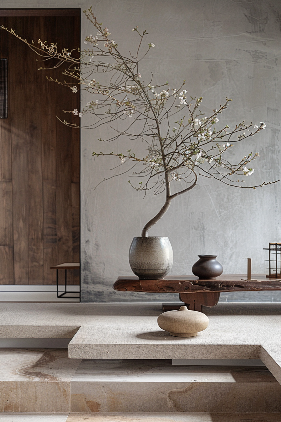 A serene interior scene with a blossoming tree branch in a ceramic vase on a rustic wooden table, accompanied by traditional pottery.