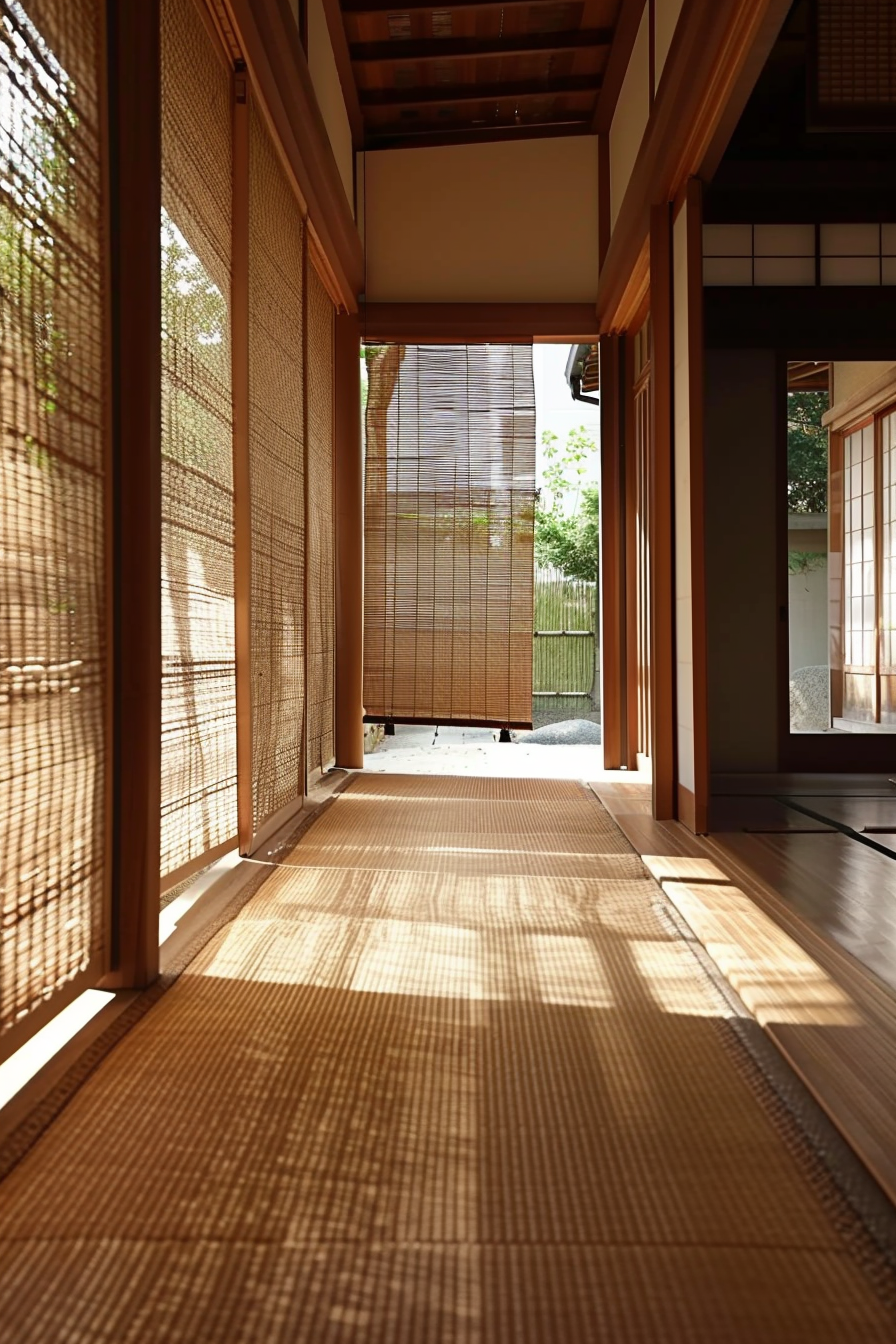 Traditional Japanese room with tatami mat flooring and sliding shoji doors casting soft shadows in serene ambiance.