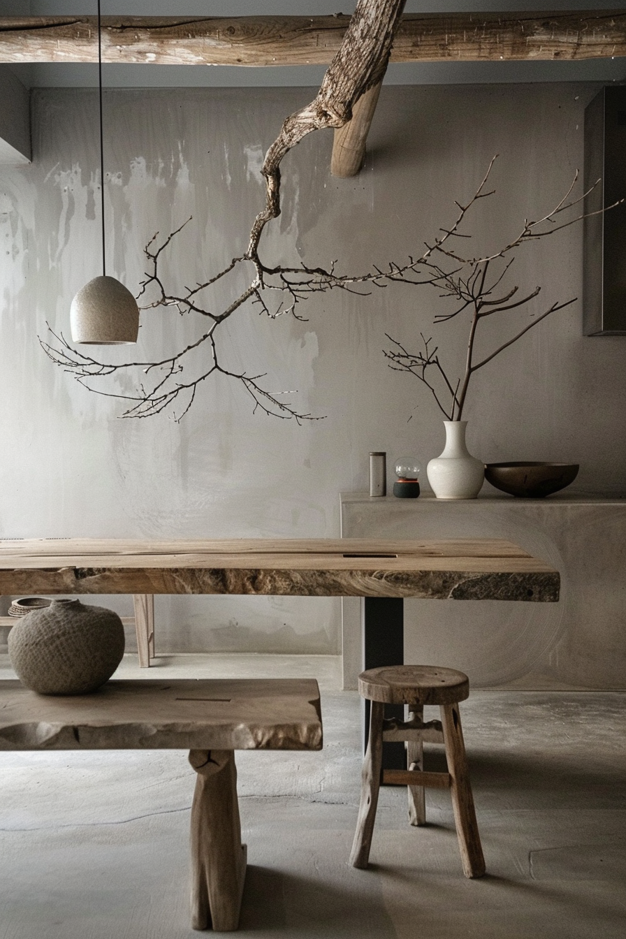 A rustic modern dining room with a wooden table, bench, stool, and textured walls with hanging branches as decor.