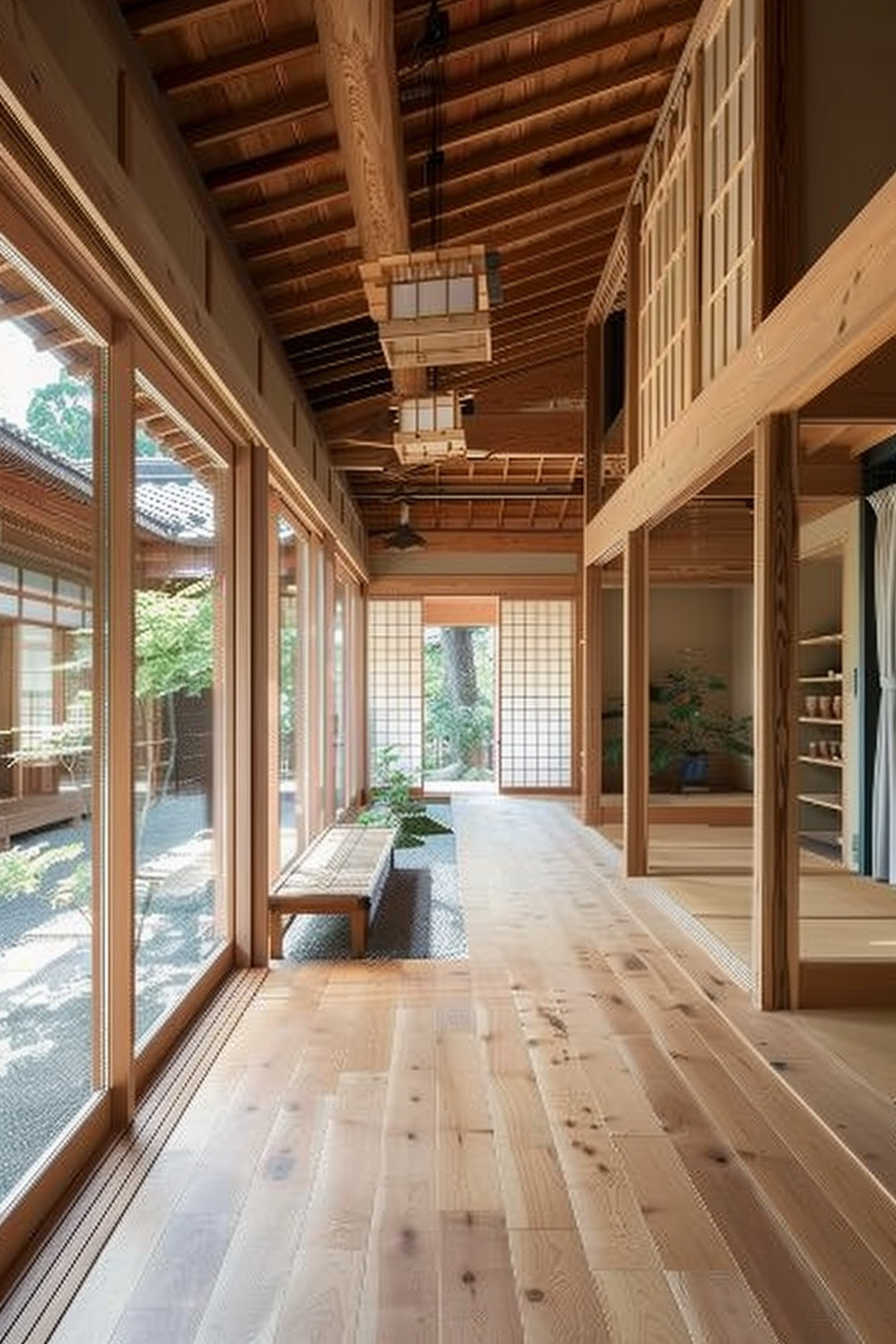 Bright, airy traditional Japanese hallway with sliding doors, tatami benches, and wooden design elements.