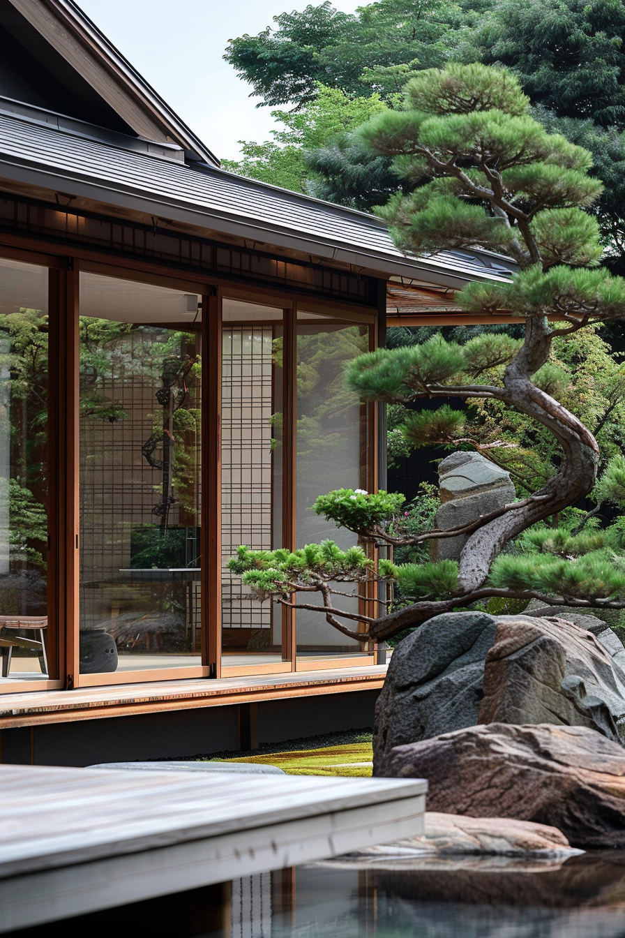 Traditional Japanese house with sliding doors overlooking a serene garden with bonsai trees and rocks.