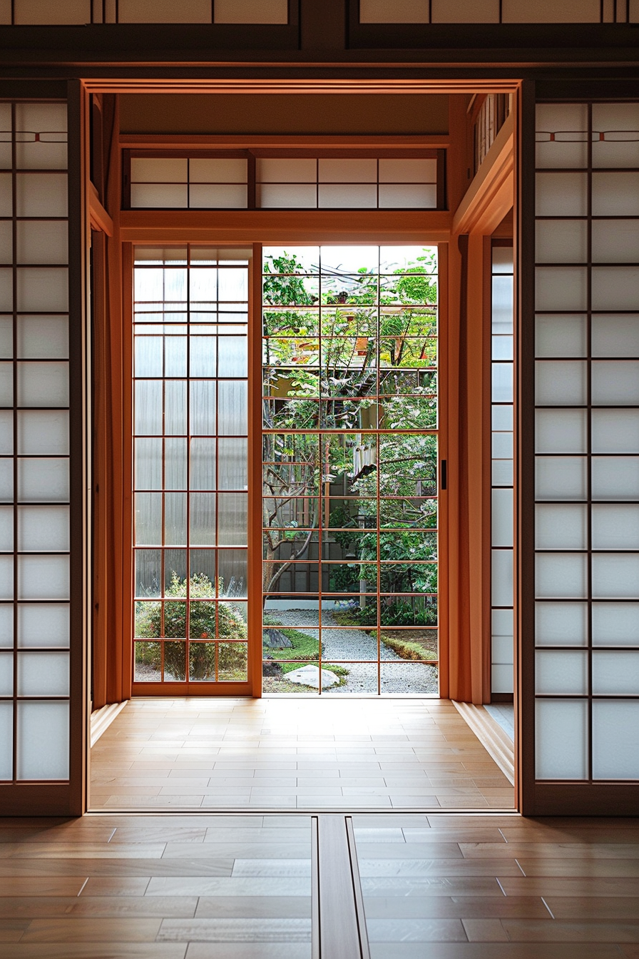 Traditional Japanese room with sliding shoji doors open to a serene garden view.