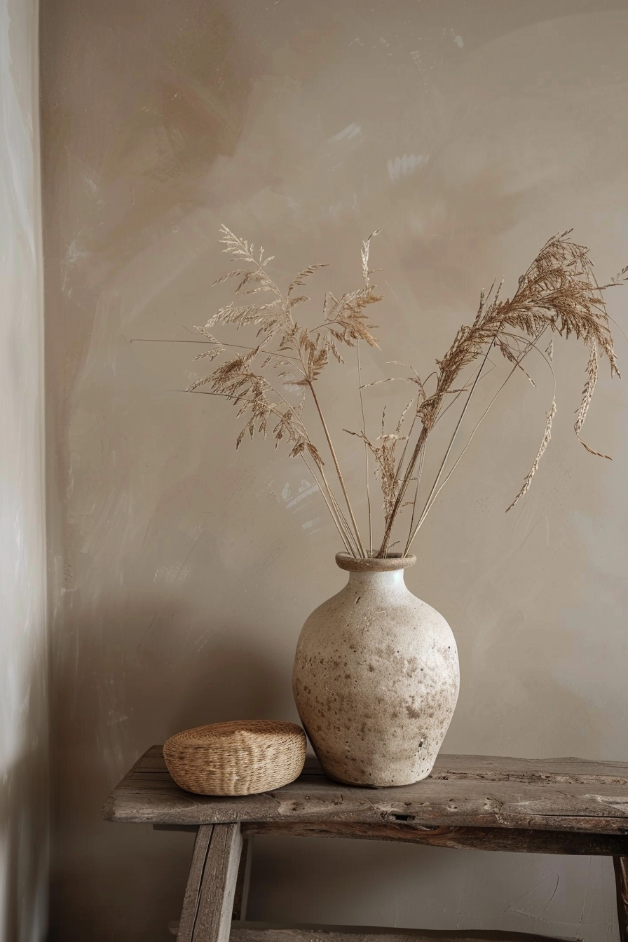 A rustic ceramic vase with dried grasses on an old wooden table beside a woven basket, against a textured beige wall.