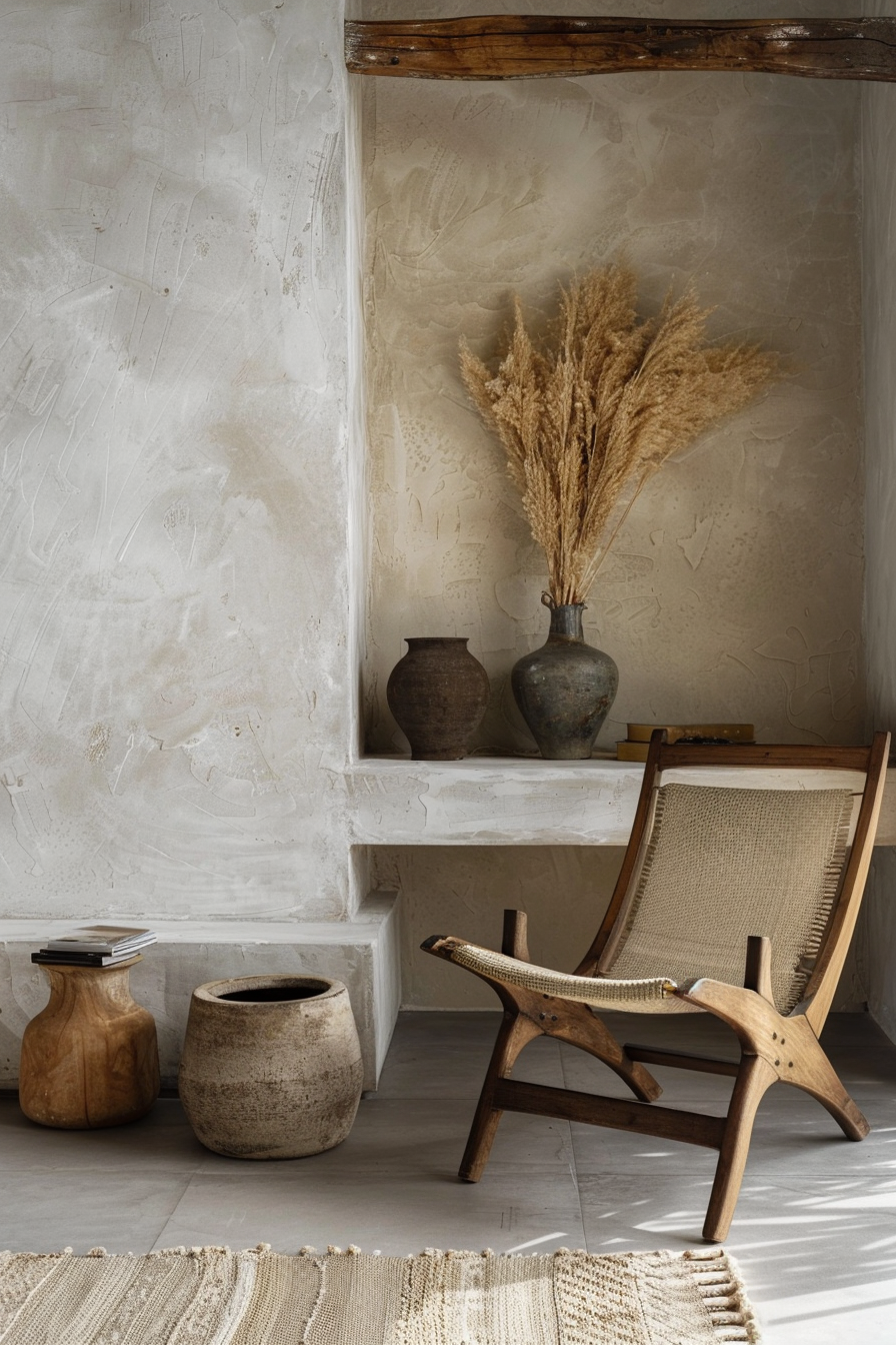 A textured room with a rustic chair, pottery, dried plants, and books on a white shelf and floor rug.