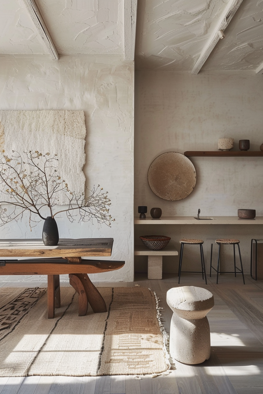A cozy interior with textured white walls, a wooden bench, ceramic decor, a woven rug, and a branch vase in sunlight.