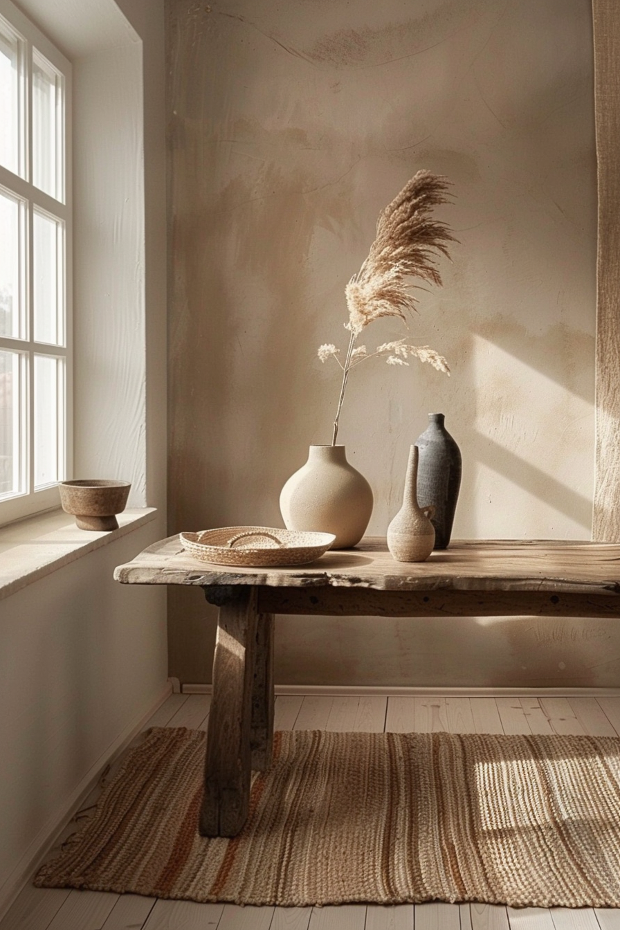 A rustic wooden table with ceramic vases and woven decor in a sunlit room with white window and textured wall.
