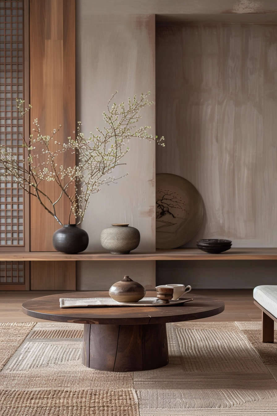 ALT: A serene Japanese-style living space with a low wooden table, ceramic ware, and decorative branches in vases on tatami-inspired mats.
