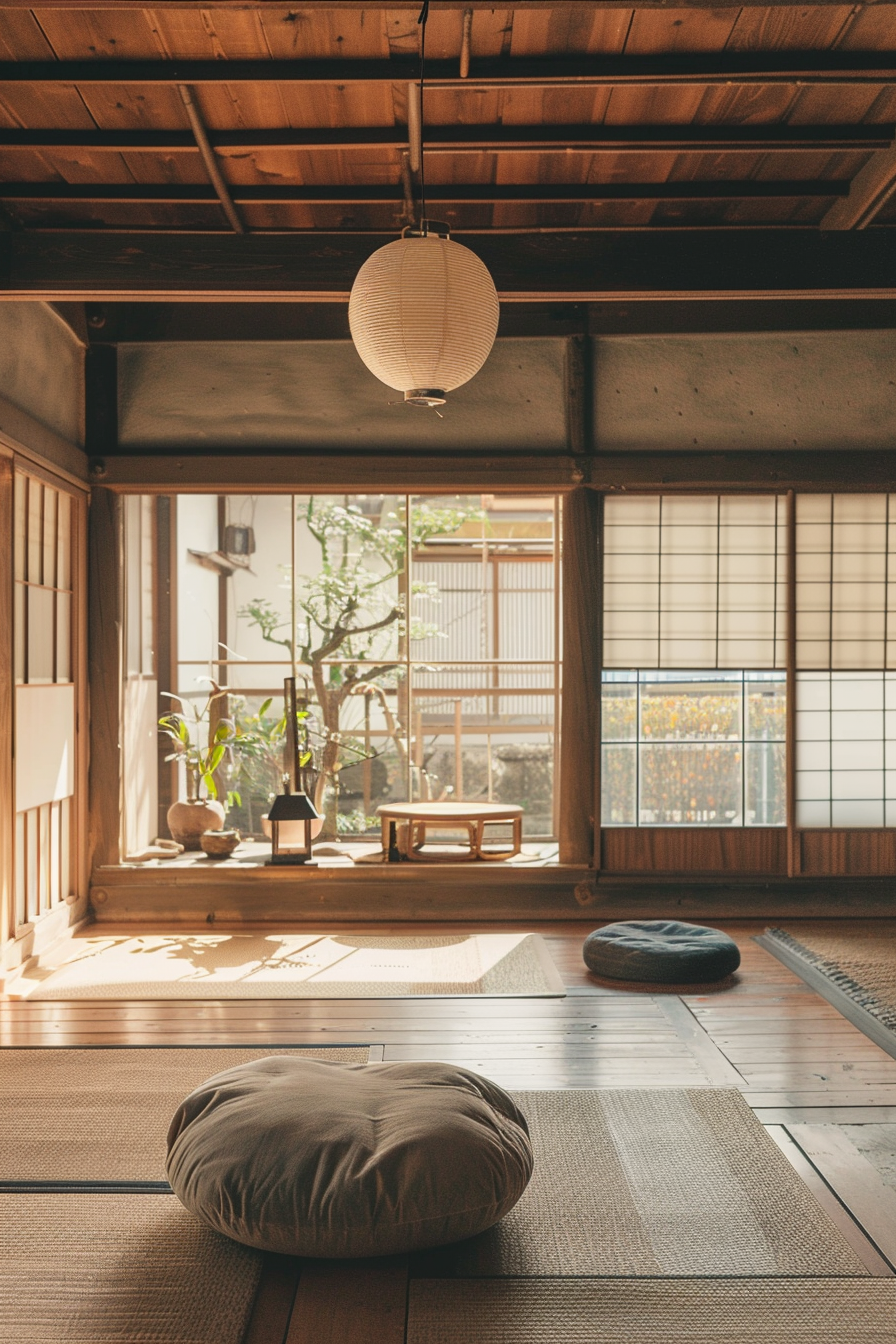 Traditional Japanese room with tatami mats, floor cushions, and sliding shoji doors, warmly lit by sunlight through a paper lantern.