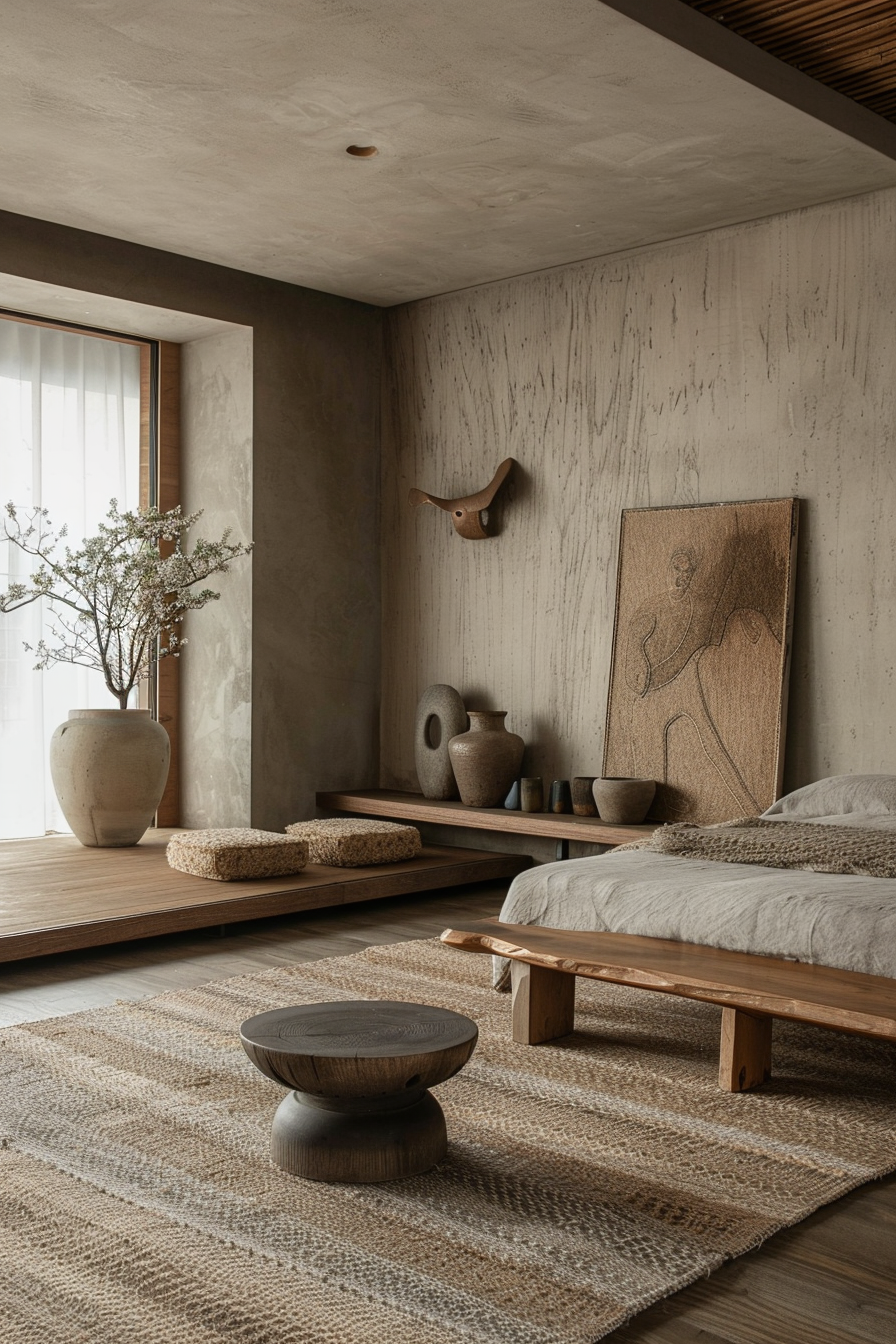A minimalist bedroom with earth tones, wooden furniture, textured rug, and artistic decor with pottery and a wall sculpture.