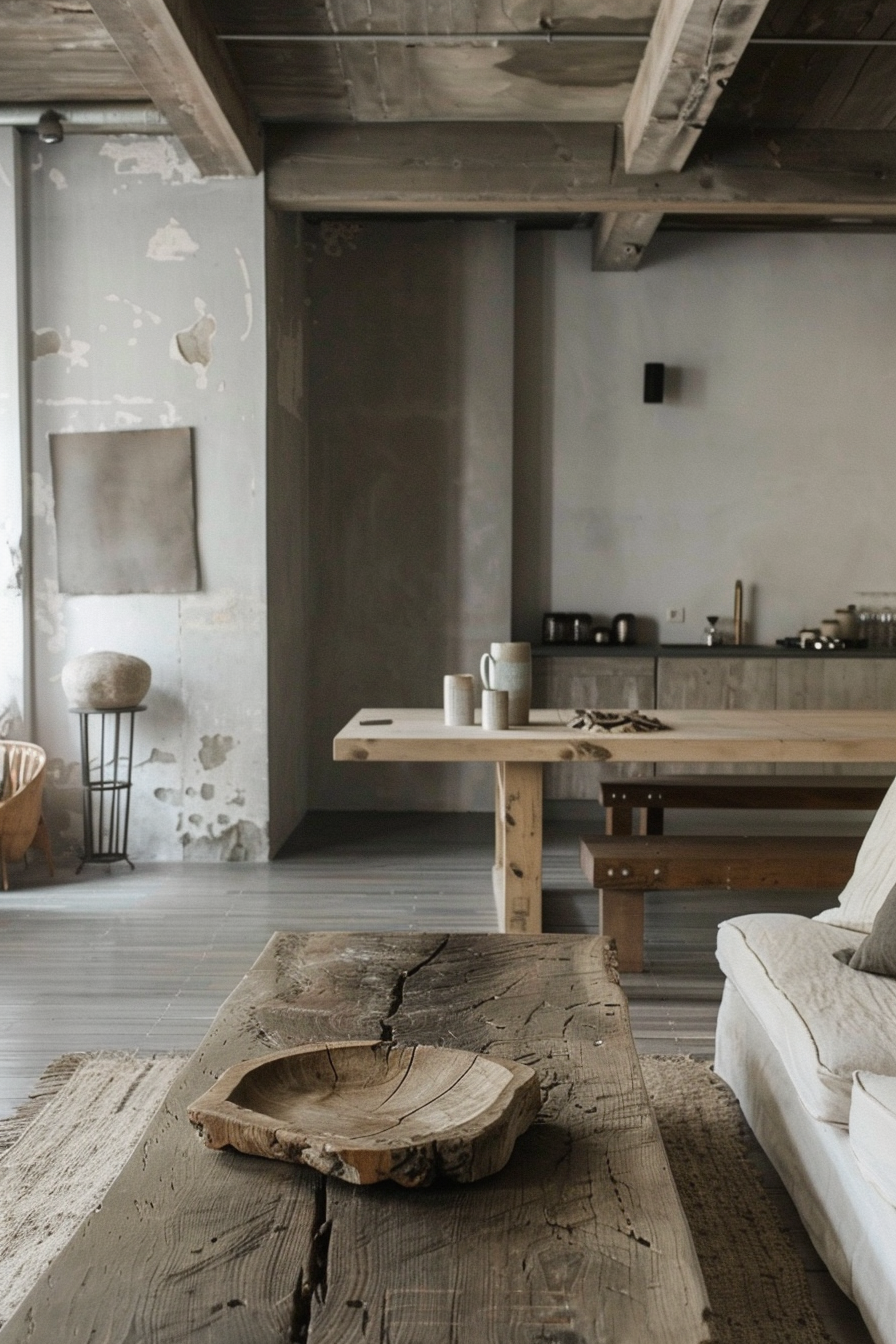 A rustic living room with weathered wooden furniture, concrete walls, and minimalist decor.