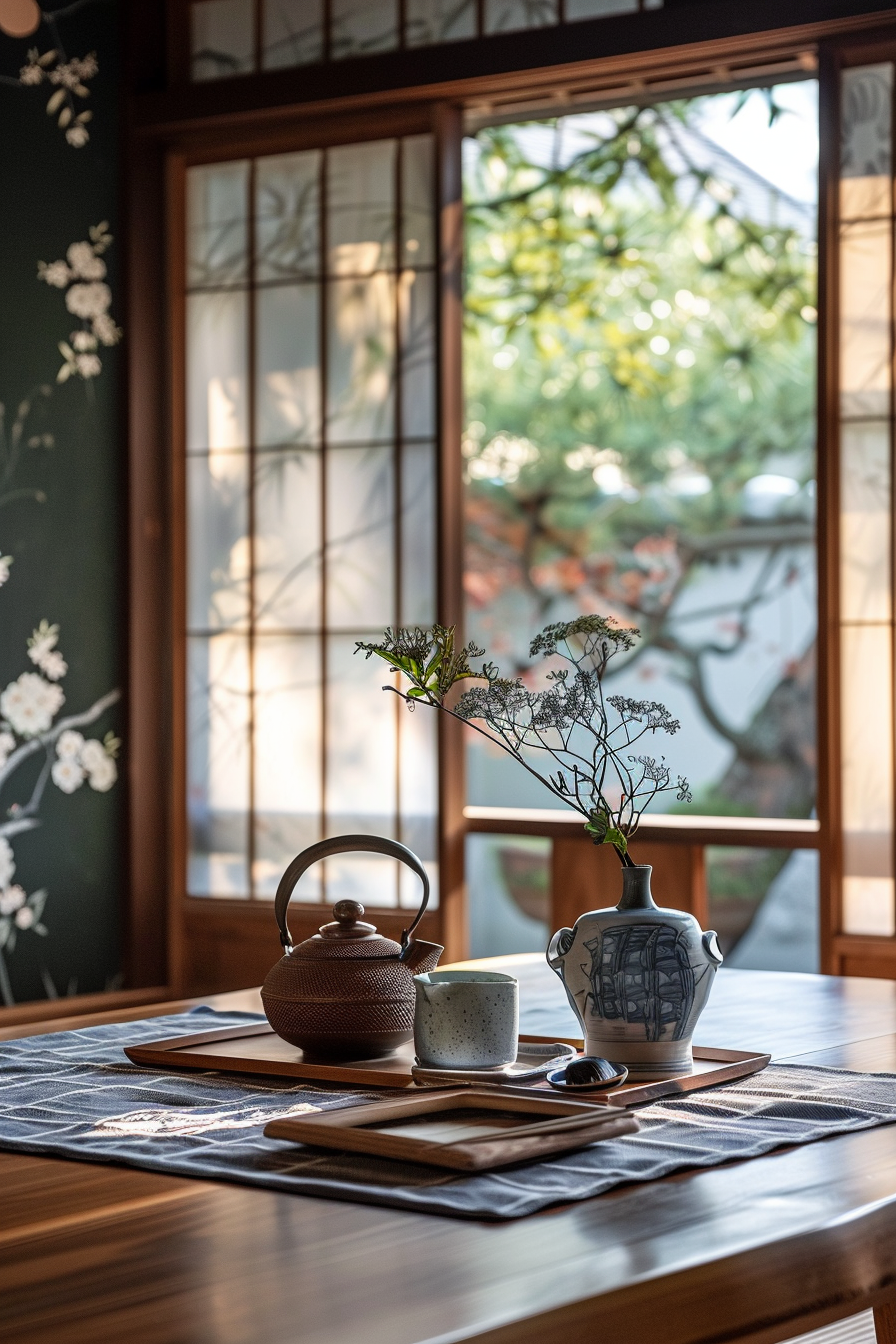 Traditional Japanese tea set on a wooden table with a decorative vase against shoji doors looking onto a garden.