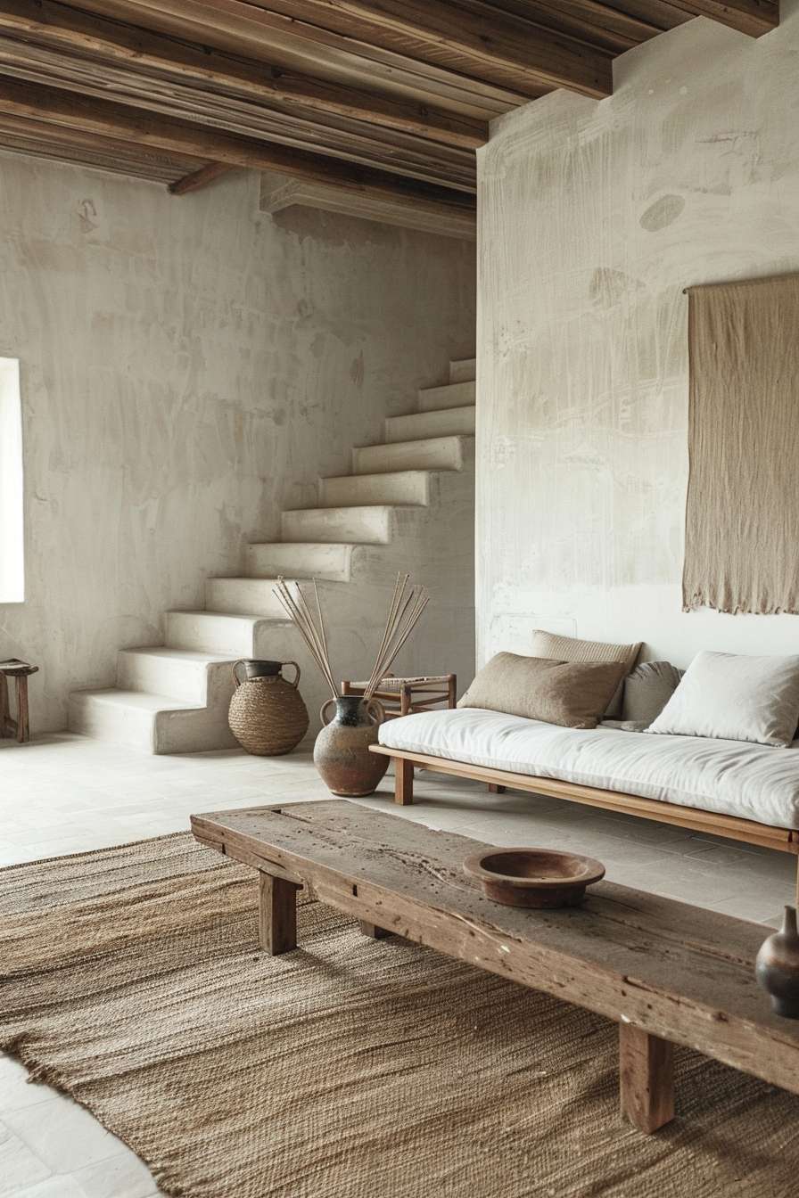 A minimalist living room with a wooden sofa, table, and textured rug, beside a white plaster staircase with a woven basket and vase.