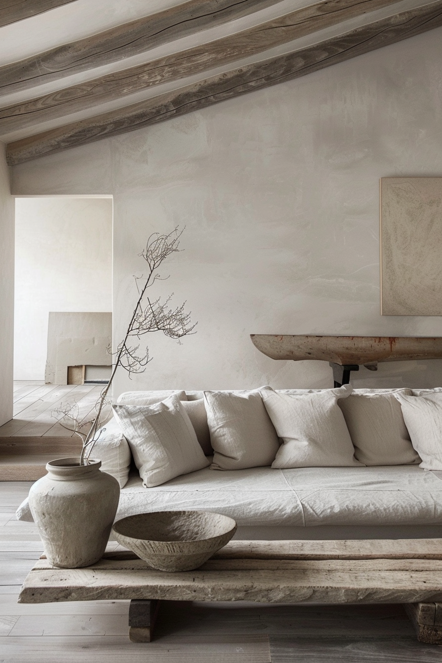 Minimalist living room with rustic wood beams, a white sofa, a dried branch in a vase, and neutral-toned artwork.