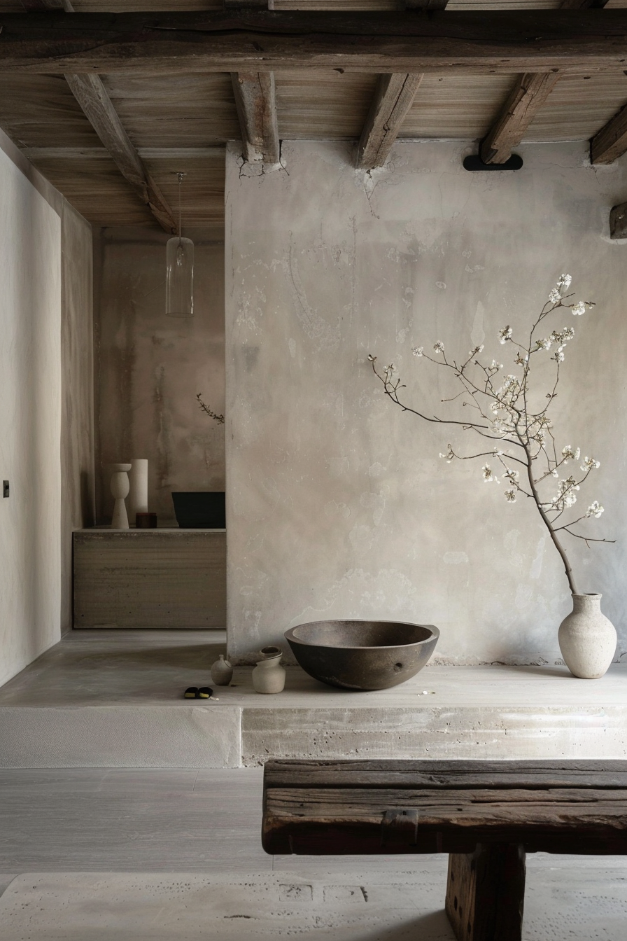 Rustic interior with exposed wooden beams, textured plaster wall, a branch in a vase, and minimalist pottery on a weathered bench.