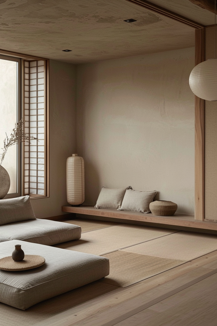 A serene Japanese-style room with tatami flooring, low wooden furniture, cushions, and a paper lantern.