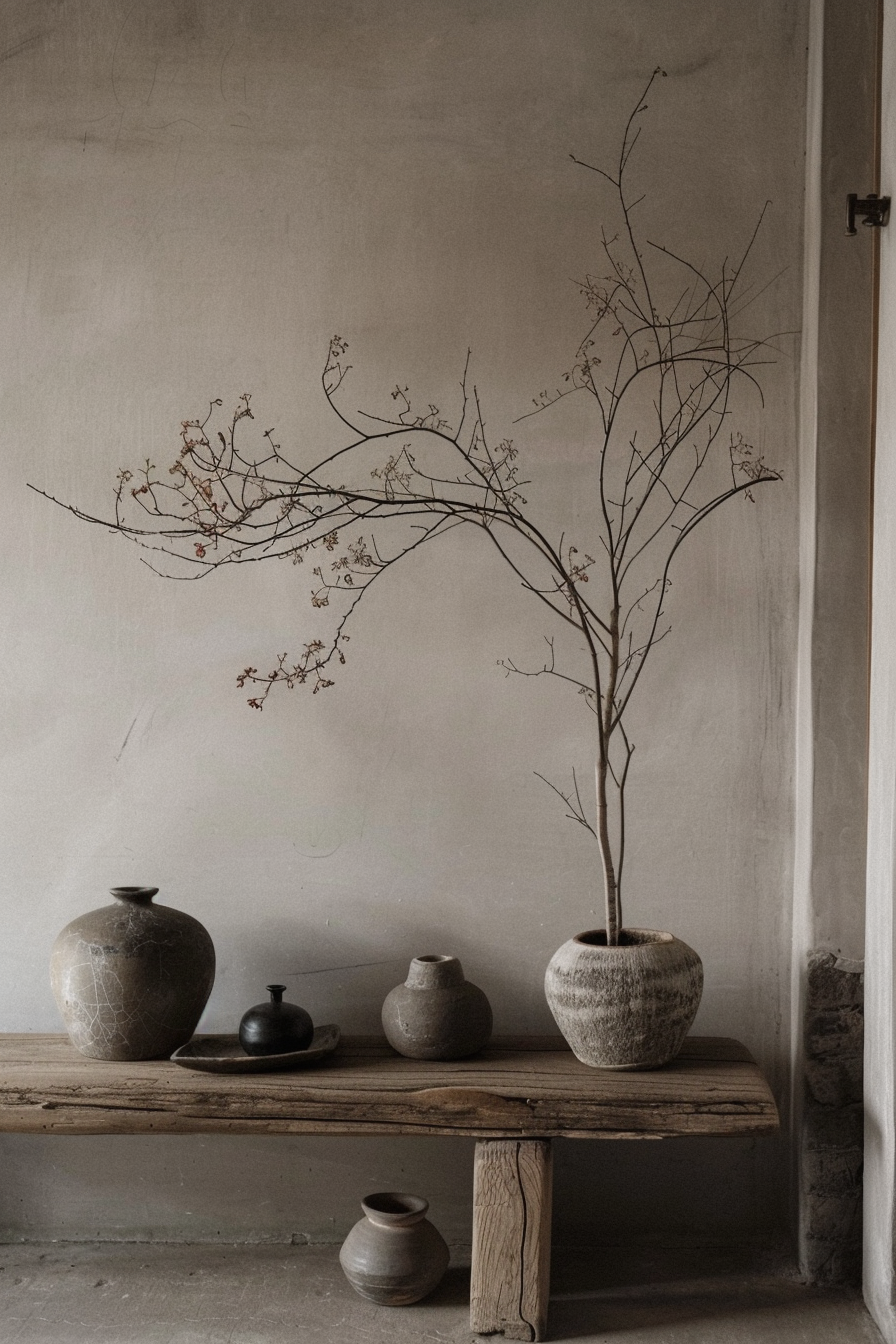 "Minimalistic still-life scene with a branch in a vase and assorted pottery on a rustic wooden bench against a textured wall."