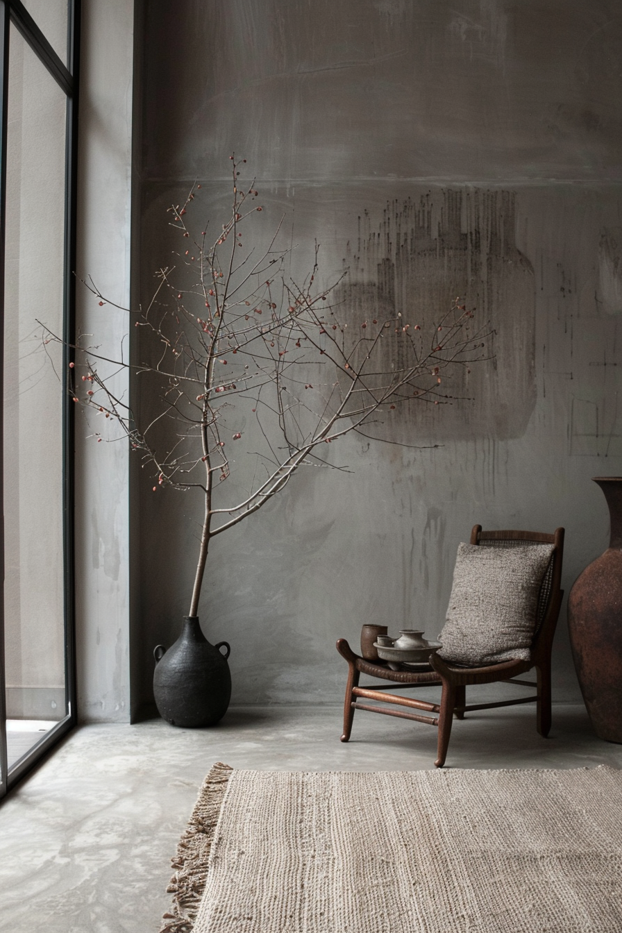 Minimalist interior with a bare-branched tree in a vase, a woven chair with a cushion, tea set on a side table, and a textured rug on concrete.
