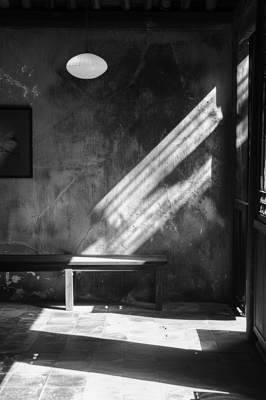 A black and white photo capturing sunlight streaming through a window, casting a sharp diagonal light pattern on the floor and wall of a room.