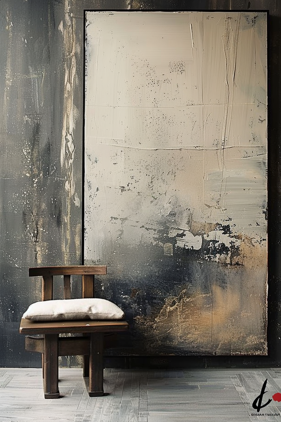 The image shows an abstract painting in various shades of black, gray, white, and hints of gold, displayed in a dark-walled room. The painting is propped against the wall on the floor. In front of the painting stands a simple wooden chair with a cushion on the seat. The floor appears to be made of light-colored wood. ALT text: Abstract painting with black, gray, white, and gold accents on the floor against a dark wall, with a wooden chair in front.