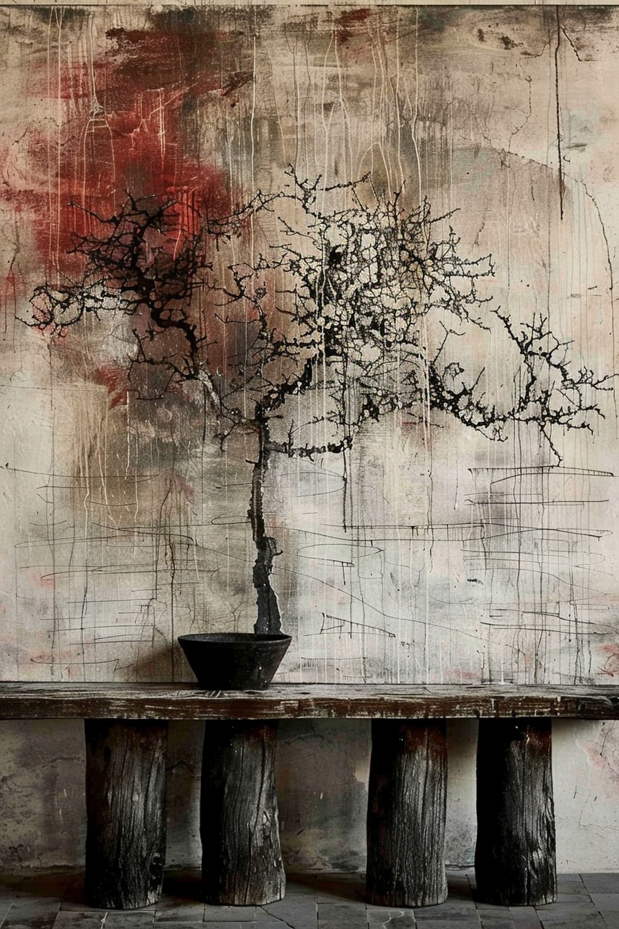 This image shows a leafless, twisted tree positioned in a shallow black bowl, which rests on a rustic wooden table supported by three crude log legs. The backdrop is a textured wall with abstract patches of red and cream paint that create a dramatic and weathered appearance. The blend of the tree's organic silhouette against the rawness of the painted wall produces an overall aesthetic that is stark and artistic. ALT text: Leafless twisted tree in a black bowl on a rustic wooden table against a textured, abstract painted wall in red and cream.