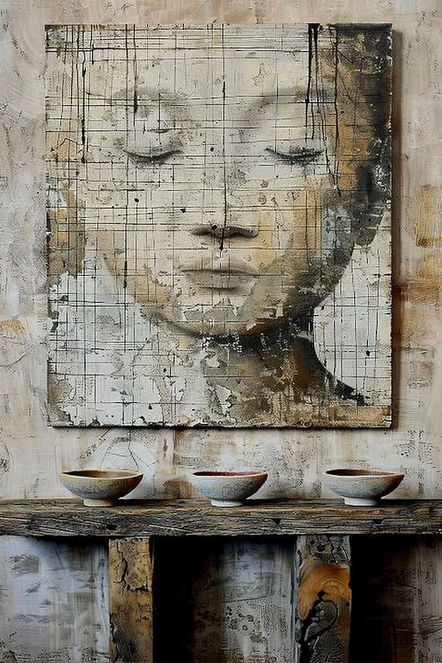 The image displays a textured painting of a woman's face with eyes closed, set above a rustic wooden shelf with three ceramic bowls. The painting appears aged with abstract elements and a monochromatic color scheme, enhancing its artistic quality. ALT text: Abstract monochromatic painting of a serene woman's face with closed eyes on a canvas, mounted above a wooden shelf holding ceramic bowls.