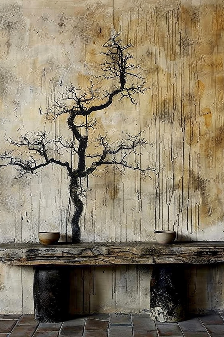 The image shows a silhouette of a bare-branched tree painted on a textured wall with variations of beige, gray, and brown tones. The wall appears old with visible vertical streaks and stains, adding to the rustic feel of the artwork. At the base of the tree, two pots are positioned—one at the bottom left seeming to be the base of the tree and another pot at the bottom right. Below this artistic representation, there is a roughly hewn wooden shelf or bench, supported by what appears to be a blackened cylindrical object on the left and a built-in extension of the wall on the right. The floor is tiled with square terracotta tiles, complementing the earthy color scheme. A suitable ALT text might be: Bare-branched tree silhouette painted on a stained beige wall, with two pots serving as the base, atop a rustic wooden shelf and terracotta tiled floor.