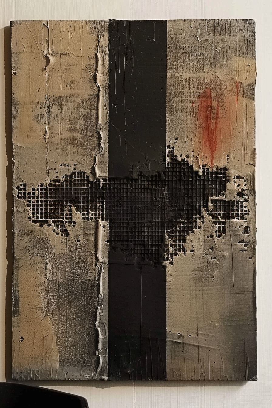 This image displays an abstract painting with a textured surface. The color palette consists primarily of earth tones, with a section of black and hints of red. The textures seem quite varied, including what appears to be crumpled or corrugated elements, grid patterns, and perhaps layers of mixed media, adding depth and complexity to the artwork. A possible ALT text could be: Abstract painting with textured layers in earth tones, black grid patterns, and a touch of red, conveying depth and complexity.