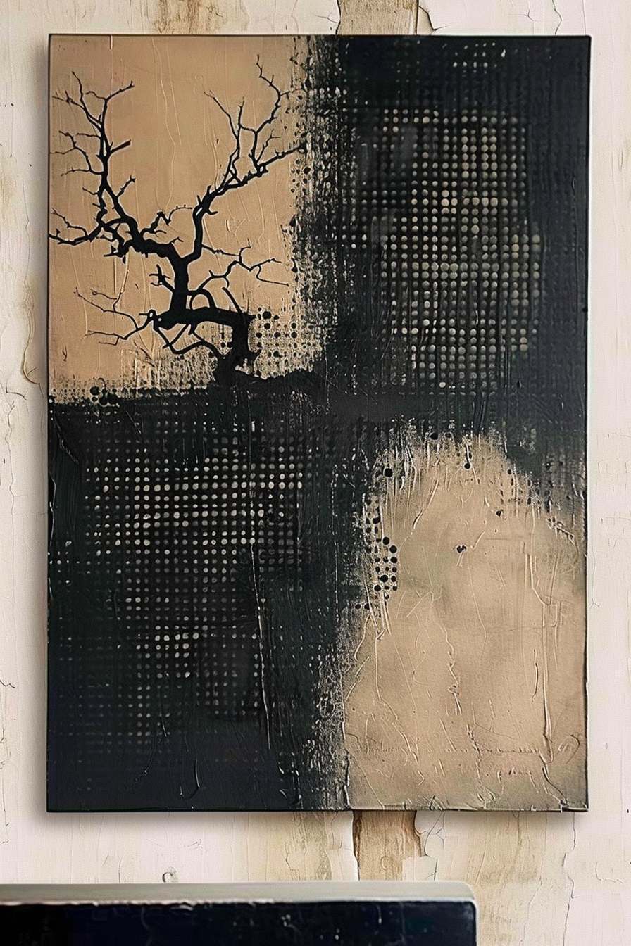 The image shows a modern abstract painting with a textured surface. On the left side of the canvas, there is a black silhouette of a leafless tree against a beige background. The right side of the canvas is dominated by a black area with white spots creating a dotted pattern, possibly indicating decay or fragmentation. The painting appears to be hung on a wall with visible wear, and there is a partial view of a black object with a straight edge at the bottom of the frame, likely a piece of furniture like a shelf or table. Abstract modern painting featuring a black tree silhouette on a textured beige canvas with a dotted black pattern on the right side.