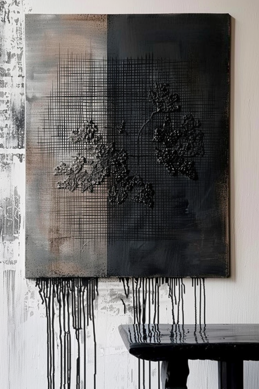 The image shows an abstract painting hung on a wall above a black table. The painting features a dark color palette with grid patterns and textured drips that extend beyond the canvas, creating similar patterns of drips on the wall and continuing onto the table below, blurring the lines between the artwork and its surroundings. ALT text: Abstract painting with dark hues and grid patterns, with paint dripping onto the wall and matching black table beneath it.