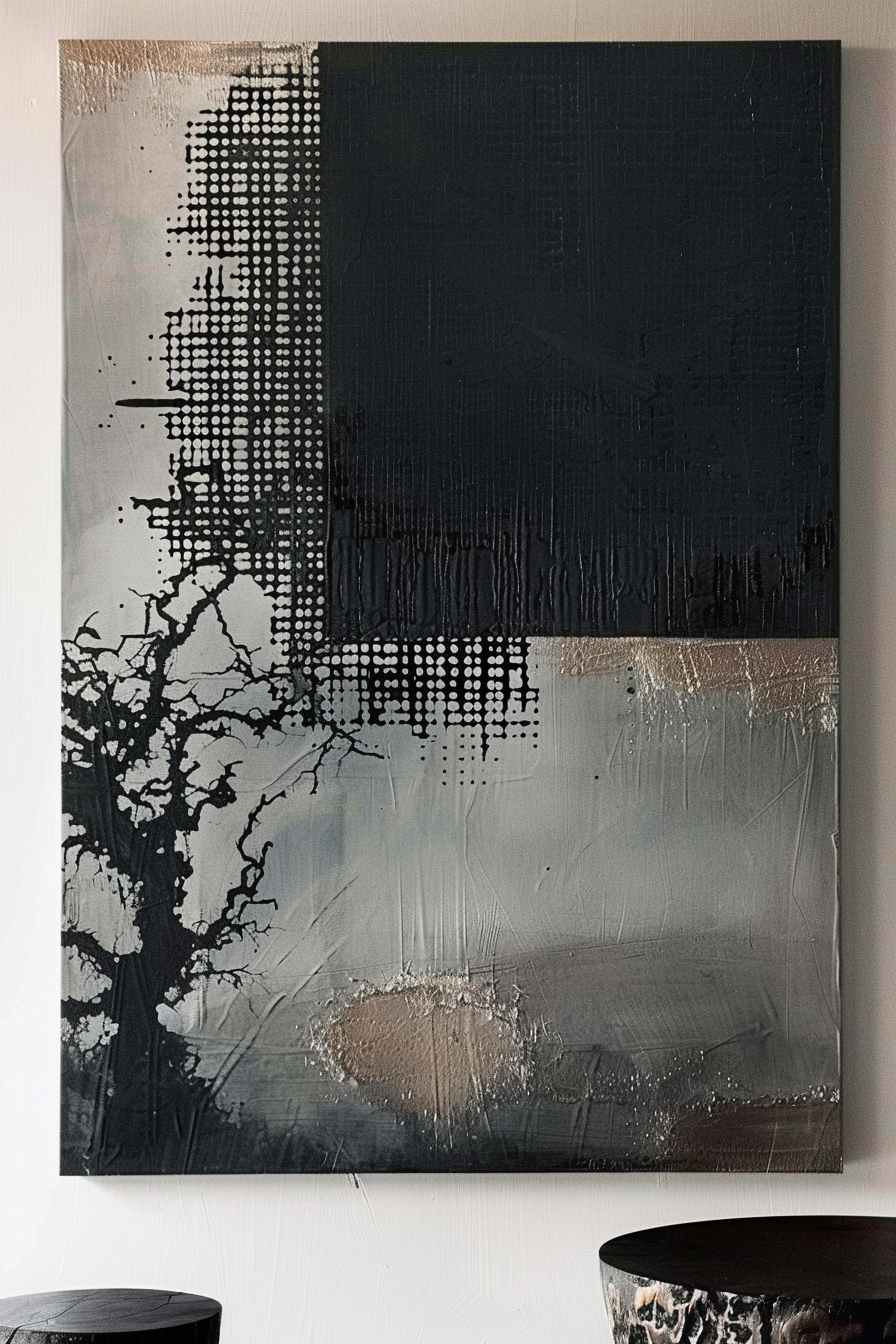 The image shows an abstract painting with a mix of textures and colors predominantly in black, grey, and metallic tones. The left section of the painting has a pattern resembling pixels or dots that transition into a solid black area on the right. Below this pattern, there appears to be a stylized representation of a tree with bare branches, created through negative space within a greyish background. Drips of paint are visible, adding to the textured effect. Abstract painting with pixel-like patterns, a stylized tree, and textured drips in black, grey, and metallic tones.