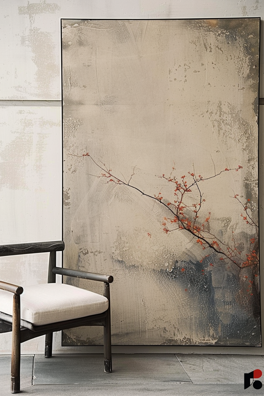 The image shows an abstract painting with a textured beige background and a delicate branch with small red leaves positioned asymmetrically on the canvas. The painting is leaning against a light-colored wall on a gray floor. Next to the painting, there is a wooden chair with a black frame and a light-colored cushion, partially visible on the left-hand side. The overall atmosphere is minimalist and modern. Alt text: Abstract painting with textured background and red-leafed branch beside a wooden chair with a black frame and light cushion.