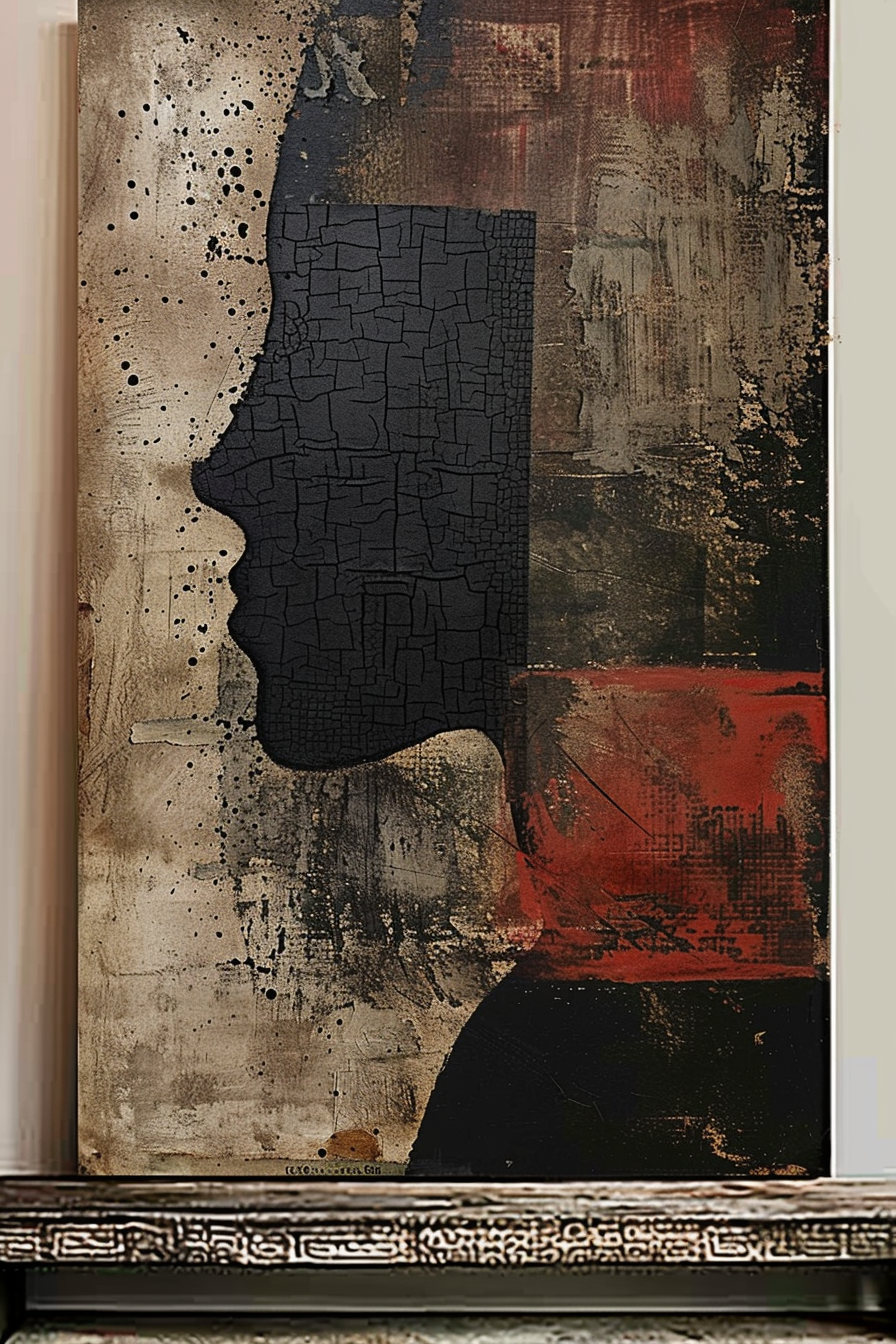 The image depicts an abstract painting with a textured black silhouette of a profile view of a human face against a background of earthy and red tones. The upper part of the canvas is dominated by dark hues and has a cracked texture, while the lower part features splashes and drips of paint, suggesting a more fluid and organic painting process. The canvas is thickly framed with a decorative pattern, giving it a sense of depth and highlighting its status as an artwork. Abstract art painting with a black profile silhouette and a textured, multicolored background, framed in a patterned frame.