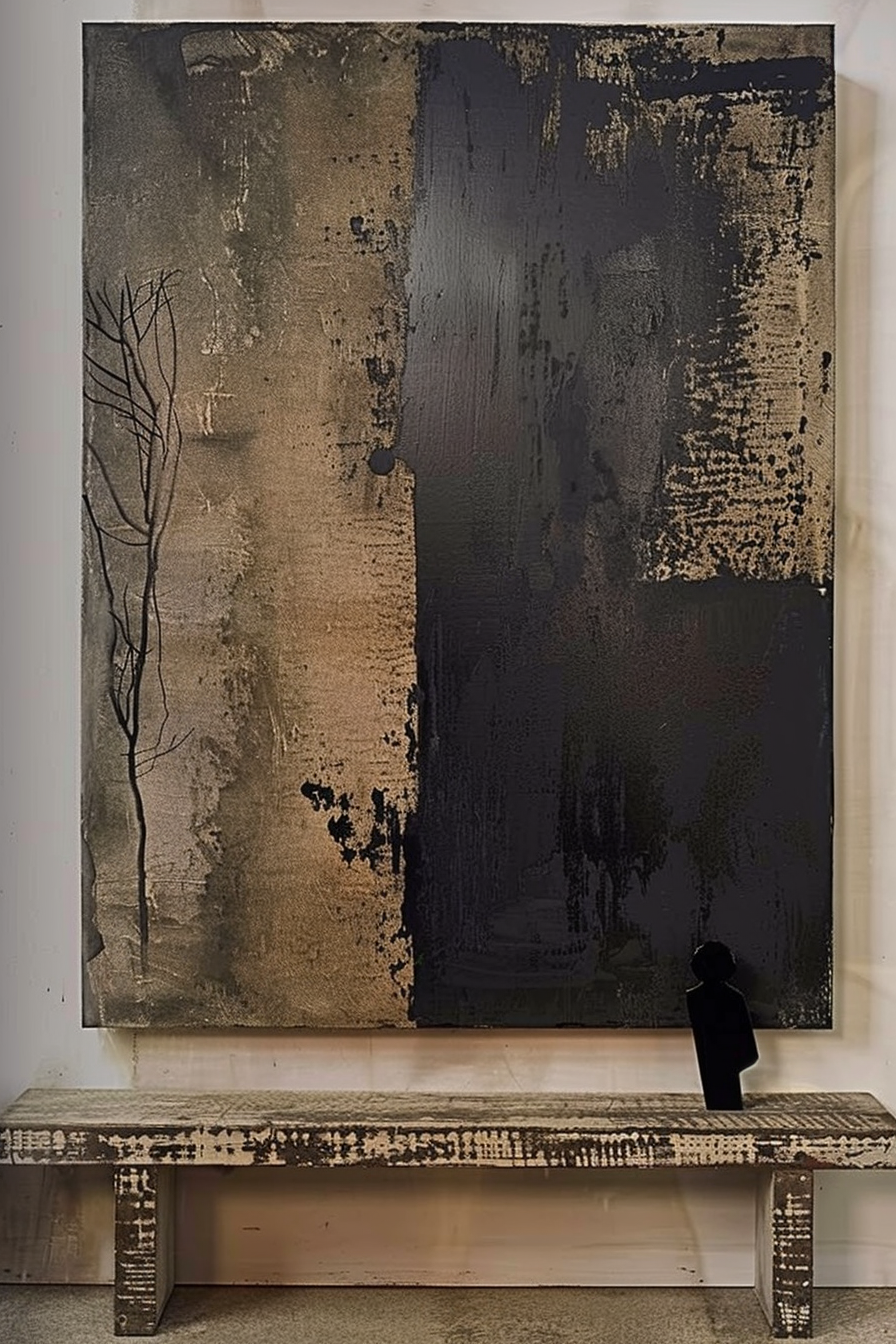 The image displays a piece of abstract artwork hanging on a wall above a worn-out wooden bench. The painting features a textured surface with a color palette of black, grey, and earthy tones. The left side of the canvas shows a faint outline of barren tree branches. A silhouette of a small human figure is visible to the right of the bench on the floor, adding a sense of scale to the scene. Abstract painting with dark and earthy hues and tree branch outlines above a distressed wooden bench with a small human silhouette on the floor.
