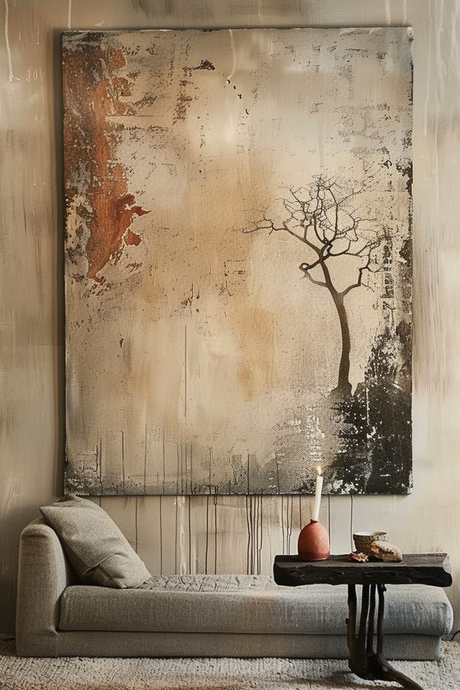 The image displays a contemporary living room setting with a large abstract painting hanging on the wall over a minimalist daybed or chaise lounge. The painting features a monochromatic palette with a silhouetted tree and textural details, including a hint of rust color. A low, rustic wooden table is placed in front of the daybed, on which sits a clay-colored vase and what appears to be a stone or piece of bread. A lit candle adds a warm touch to the ambiance. The walls and floor are painted in neutral tones, complementing the artwork and furniture. Contemporary interior with abstract painting, minimalist daybed, rustic table, vase, and candle.