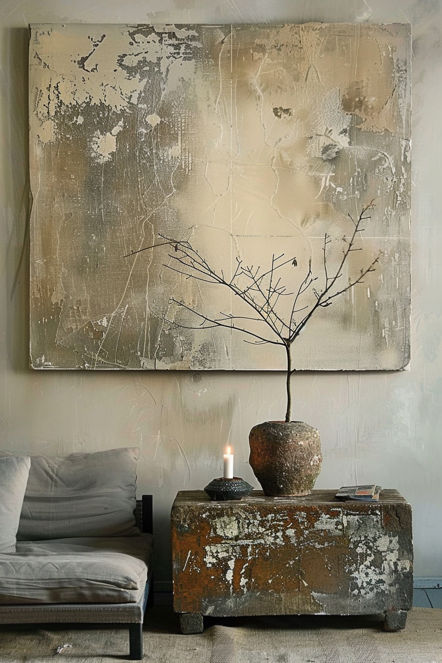 The image shows an interior setting with a large abstract painting hanging on a wall. The painting is mostly in shades of beige with black and white splashes and crackle textures. In front of the painting, there is an old wooden chest, on top of which are positioned a leafless tree branch sprouting from a stone vase, a lit candle, and what appears to be a small book or journal. To the left of the chest sits a grey cushioned bench or lounge chair with a grey pillow on it. The overall atmosphere is rustic and artistic. ALT text: Rustic interior with abstract painting, worn wooden chest with stone vase holding a bare branch, candle, and book alongside a grey bench.