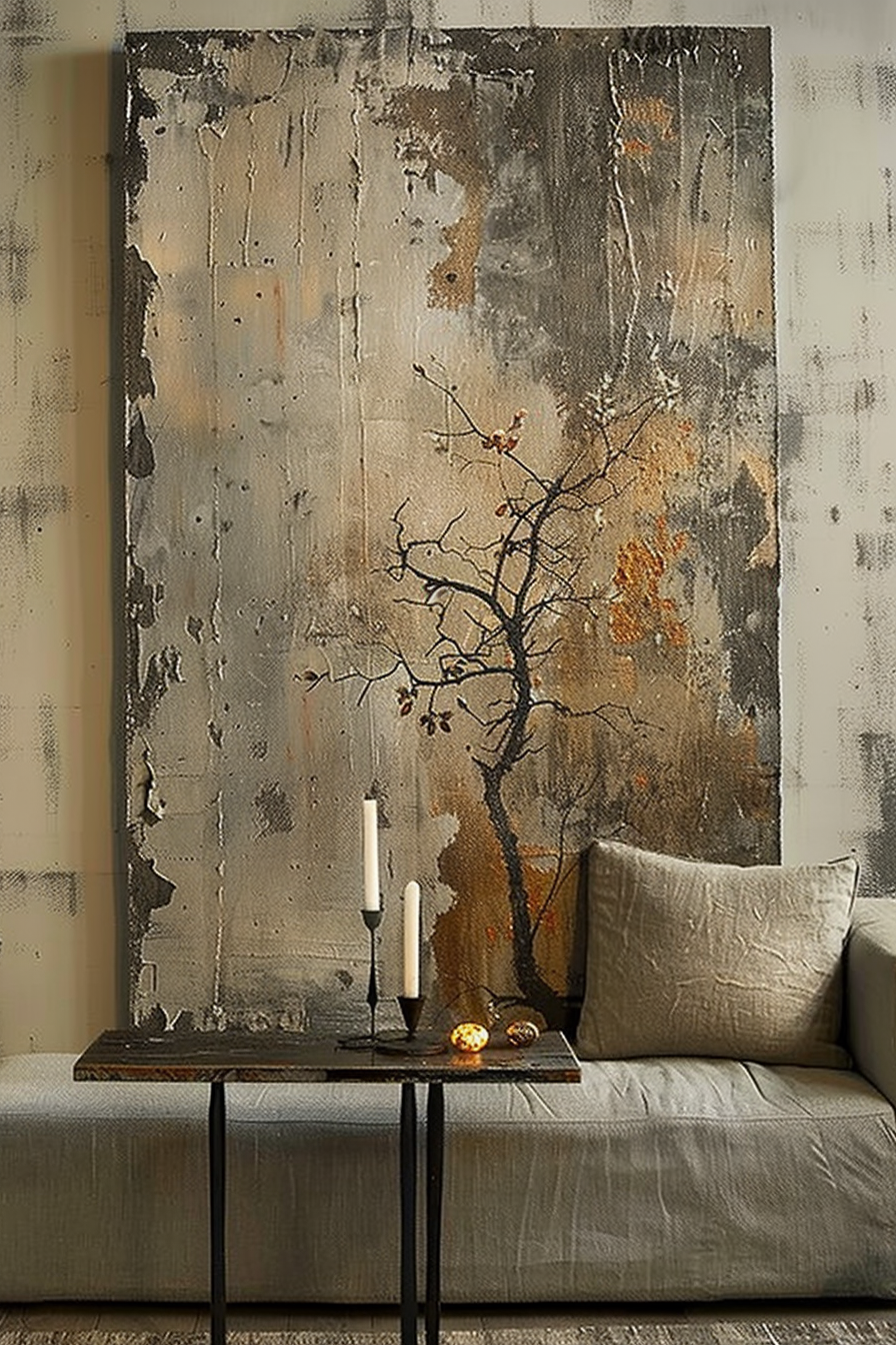 The image shows a contemporary living space with a minimalist aesthetic. A large, abstract painting with a dominant gray palette and hints of orange and brown hues hangs on the wall. It features a textural appearance with a distressed finish that suggests a blend of industrial and rustic styles. In front of the painting, there's a small, narrow black table with two lit candles and a small, round object that may be a decorative item. Adjacent to the table is a portion of a sofa or bench with a plush gray cushion and a single textured beige pillow. Proposed alt text: Abstract gray-toned painting on a wall behind a black side table with candles, beside a gray cushioned sofa with a beige pillow.
